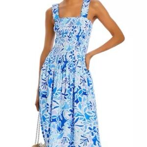 Aqua Smocked Midi Dress-Bloomingdale’s Exclusive-Blue/White-Size S-NWT